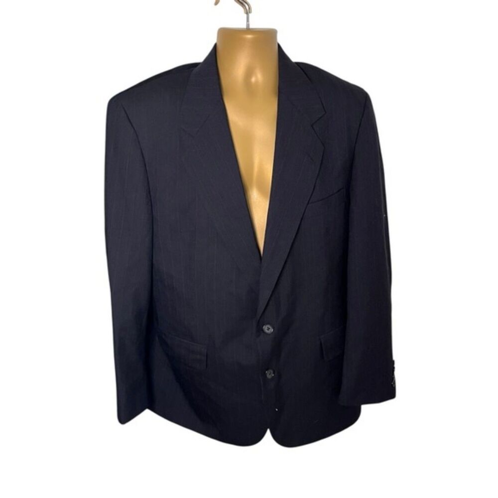 Vtg 80s Wickham for Strawbridge & Clothier Pinstripe Wool Suit Jacket Black 44R